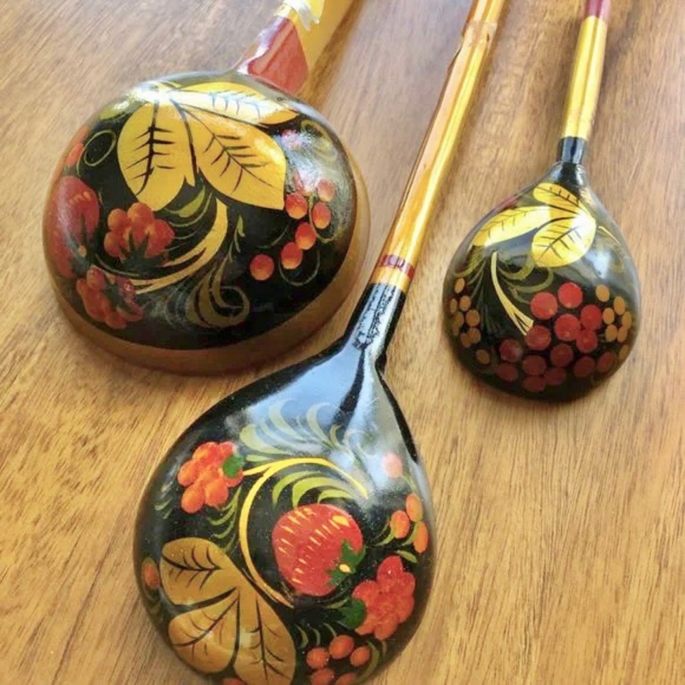 3 Vintage Khokhloma Wooden Spoons